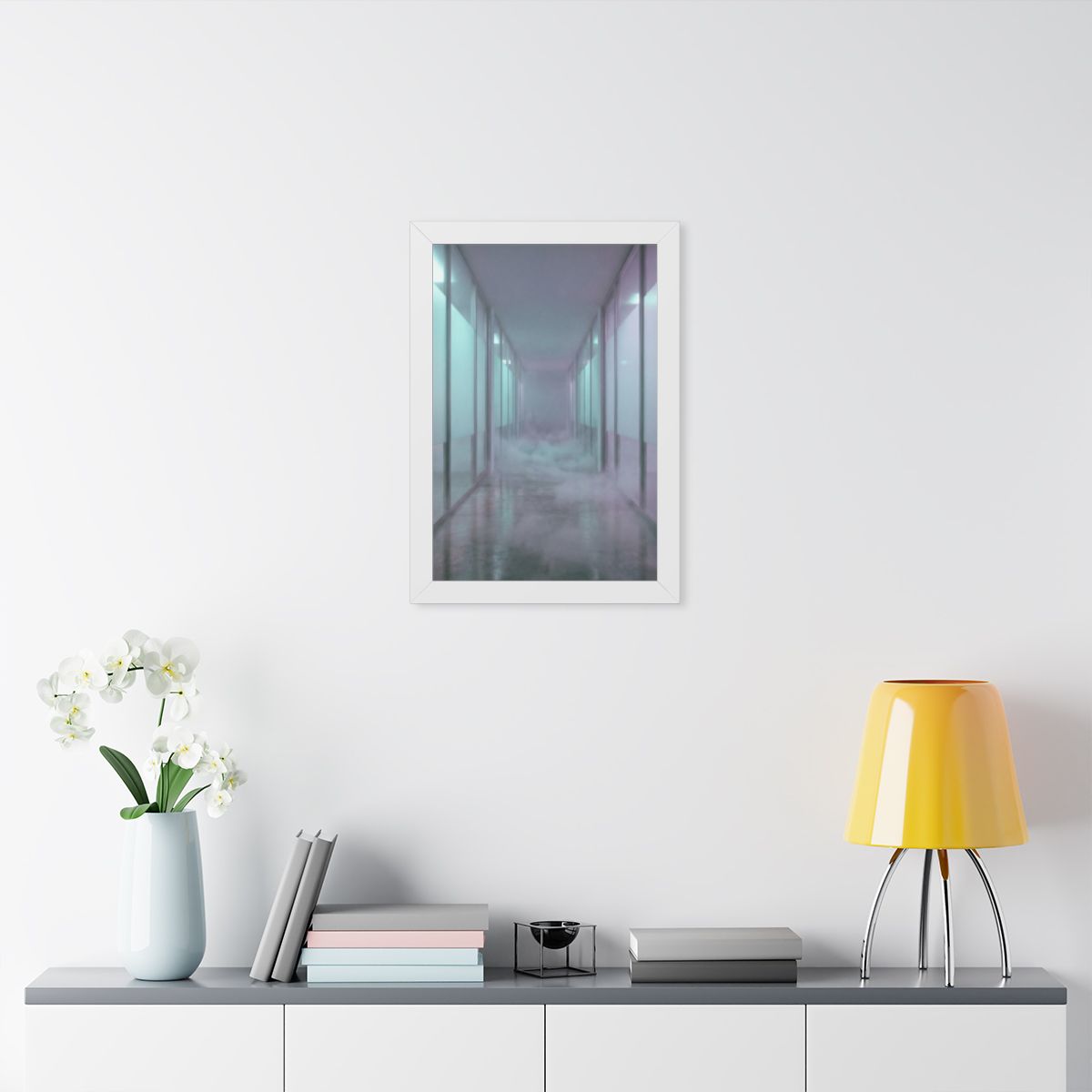 Framed Vertical Poster - Liminal Corridor Fog Art Print —......