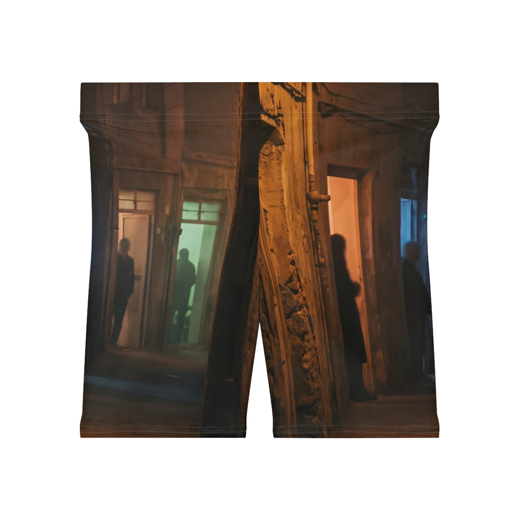 Women's Biker Shorts - Shadowed Alleyway Mystery Art Print |...