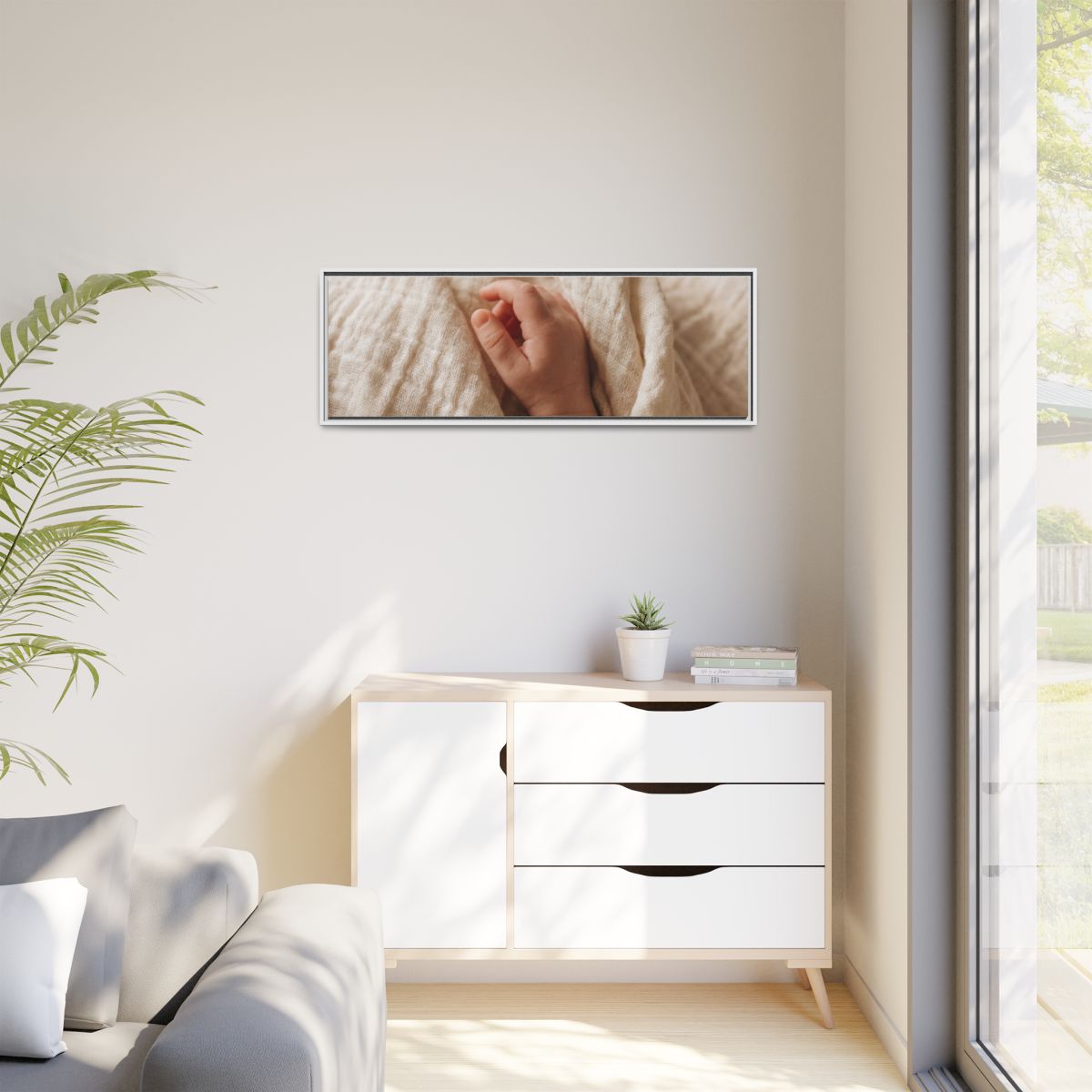 Matte Canvas, Framed - Tender Newborn Hand in Soft Muslin......