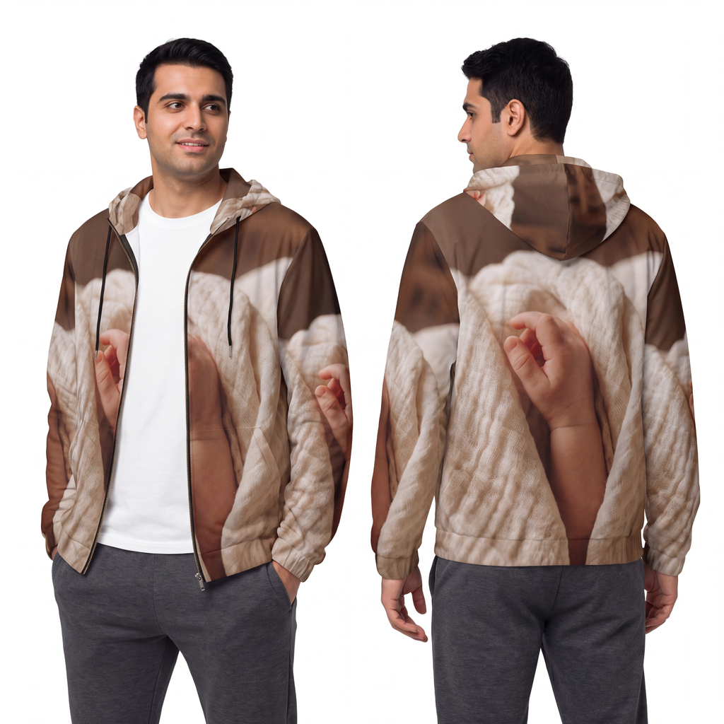 Men's Full-Zip Hoodie - Tender Newborn Hand in Soft Muslin...