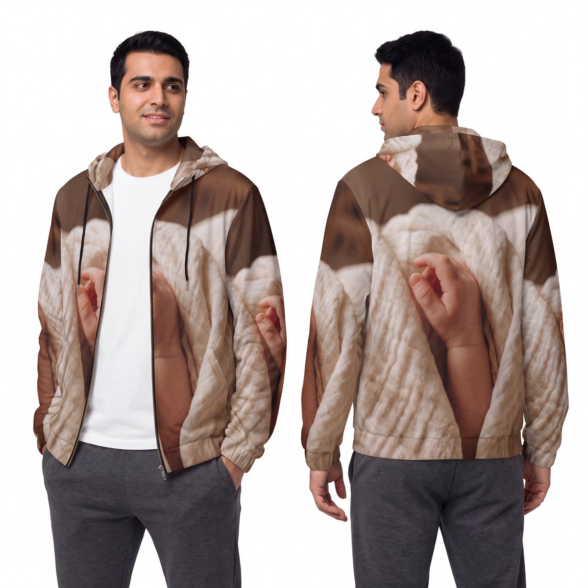 Men's Full-Zip Hoodie - Tender Newborn Hand in Soft Muslin...