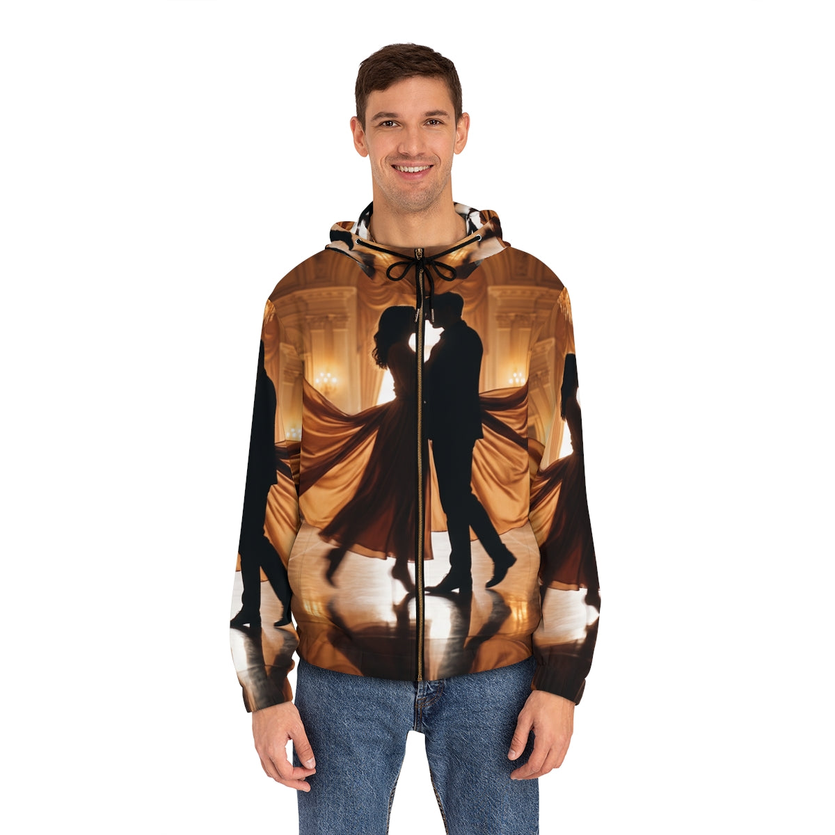 Men's Full-Zip Hoodie - Golden Waltz Mirror Silhouette Art |...
