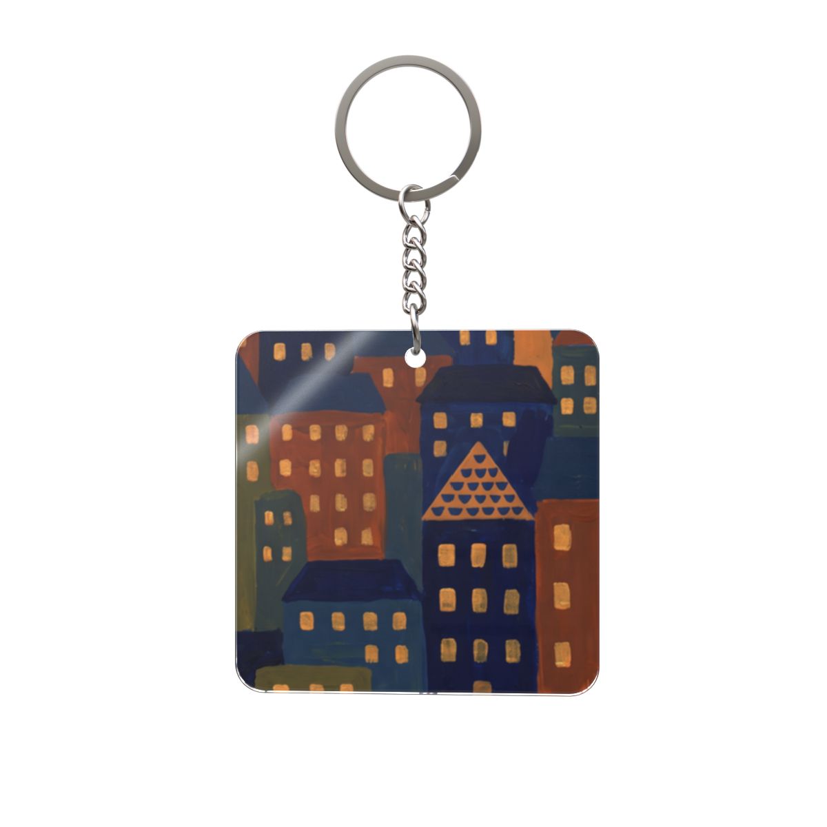 Square Keychain - Midnight Village Skyline | Echovira...