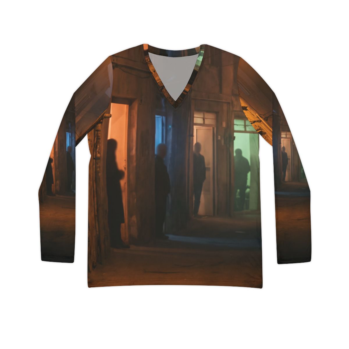 Women's Long Sleeve V-neck Shirt - Shadowed Alleyway Mystery...
