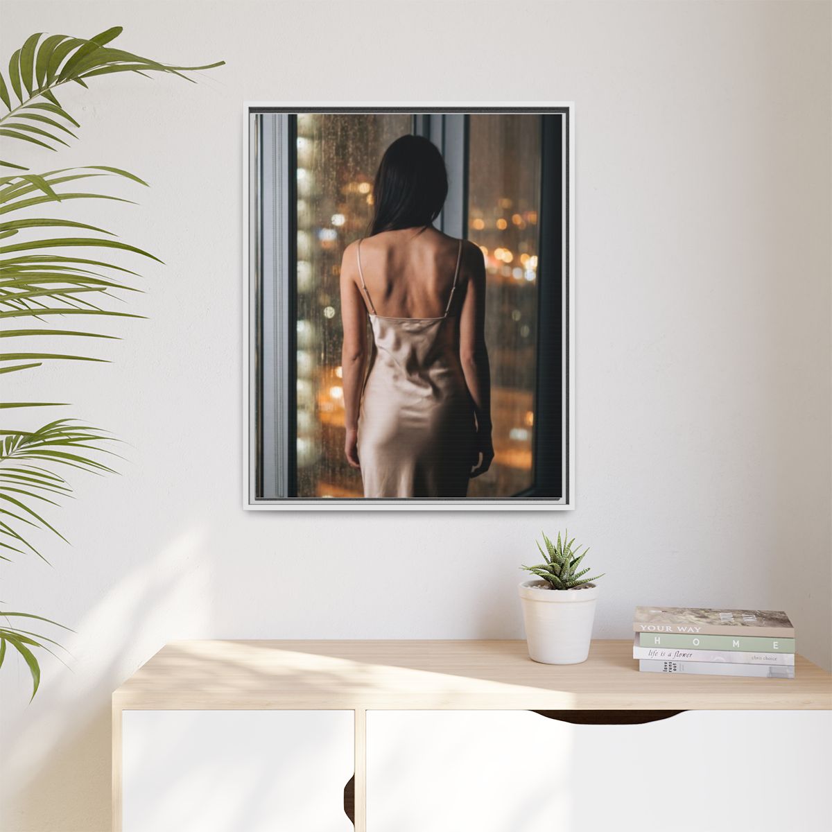 Matte Canvas, Framed - Rainy City lights Glow — White /... |...