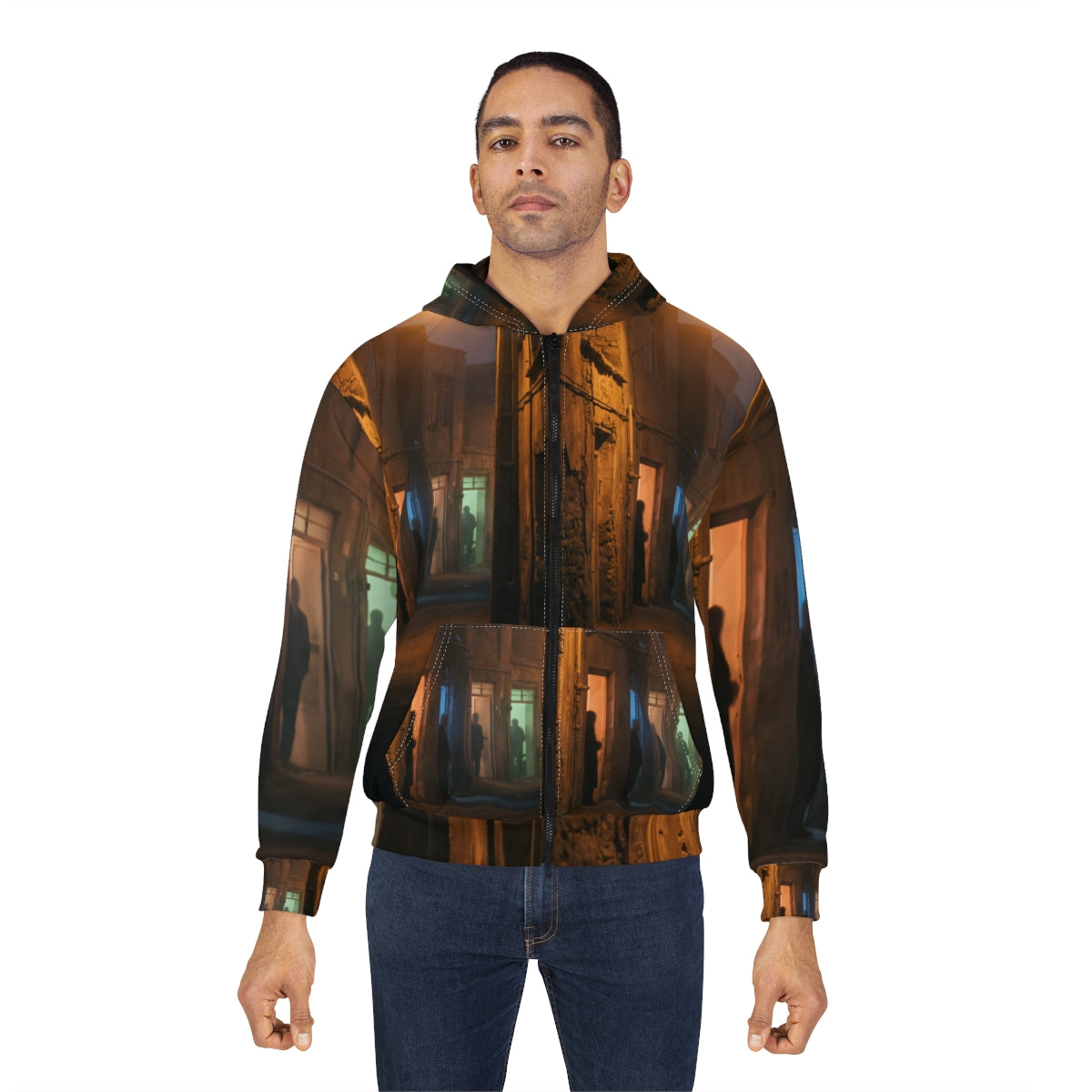 Men's Unisex Zip Hoodie - Nocturnal Alleyway Misty Street......