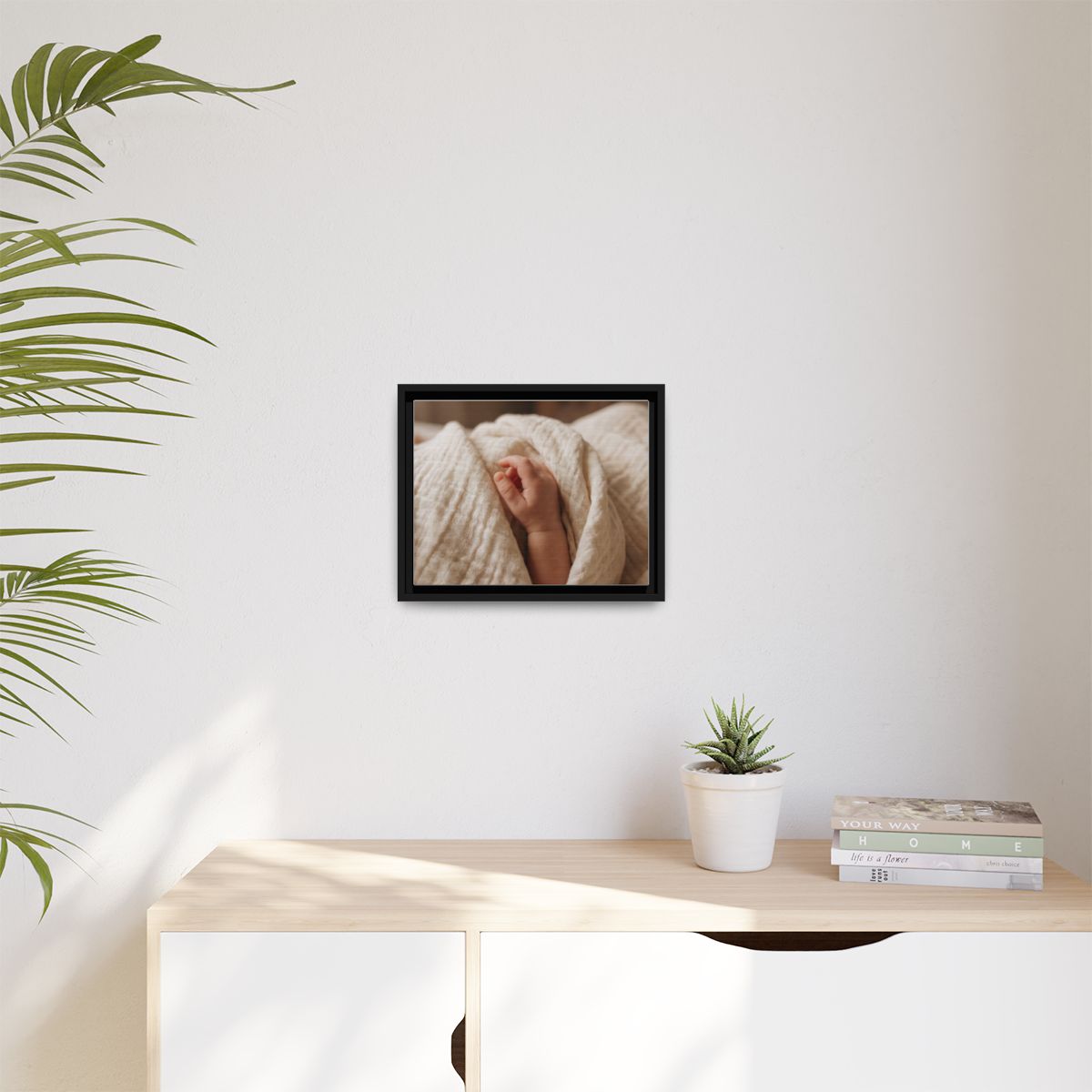 Matte Canvas, Framed - Tender Newborn Hand in Soft Muslin......