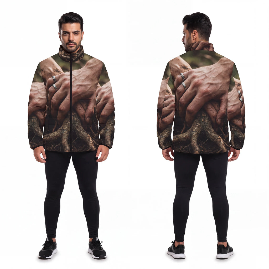 Men's Puffer Jacket with Forest Root Artwork