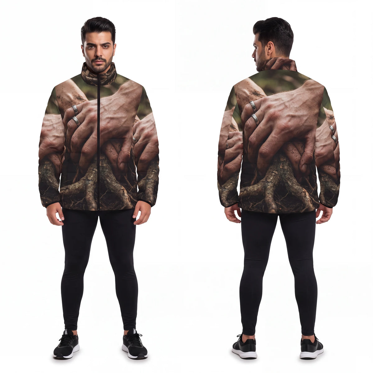 Men's Puffer Jacket with Forest Root Artwork