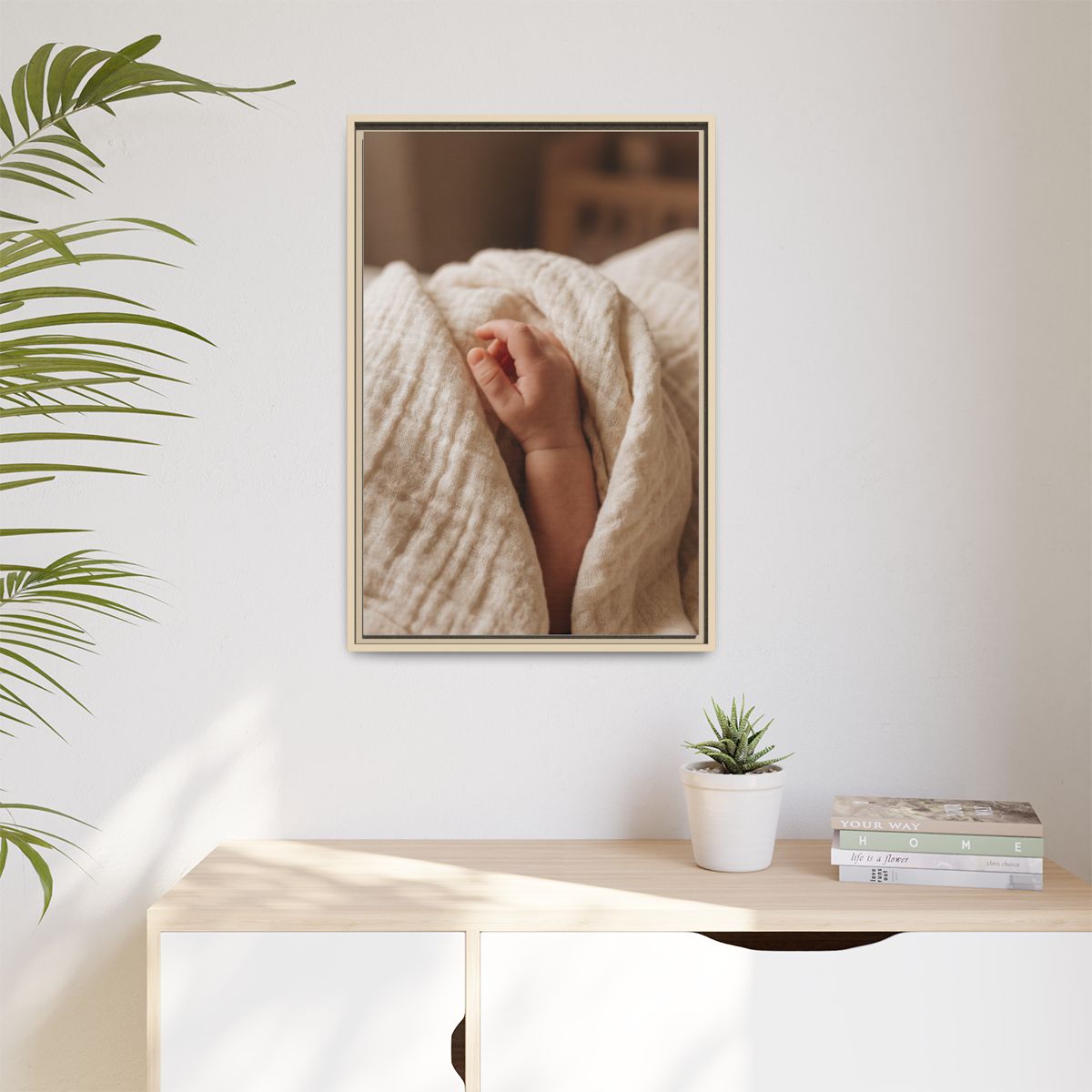 Matte Canvas, Framed - Tender Newborn Hand in Soft Muslin......