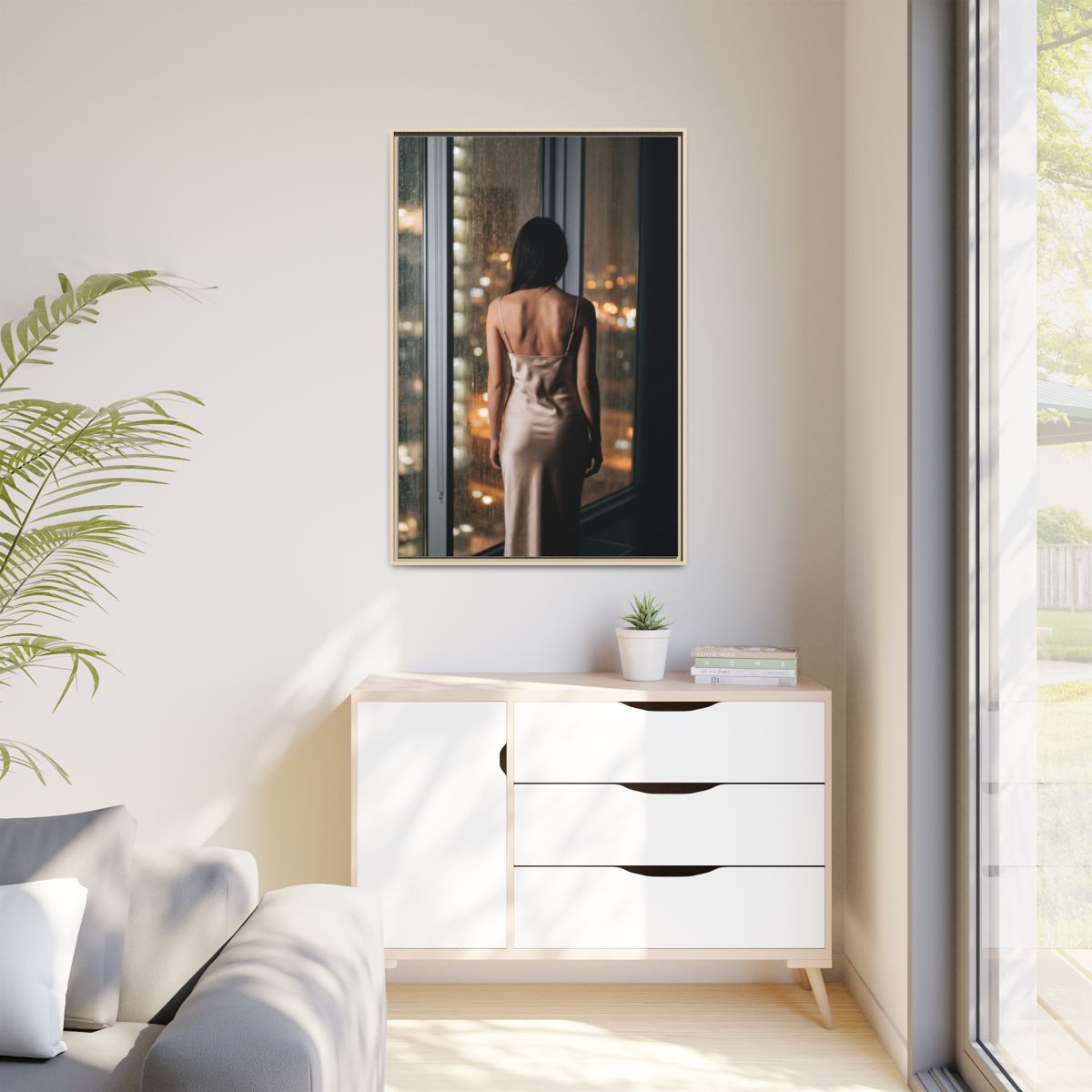 Matte Canvas, Framed - Rainy City lights Glow — Natural /......