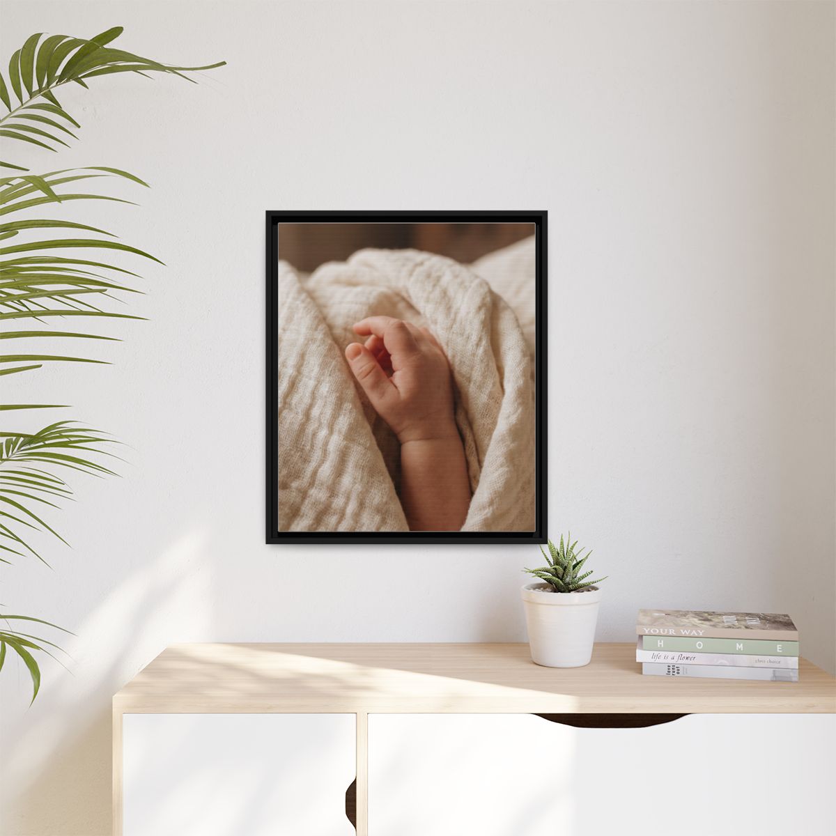 Matte Canvas, Framed - Tender Newborn Hand in Soft Muslin......