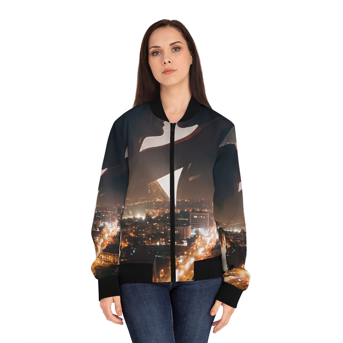 Women's Bomber Jacket - Midnight City Skyline | Echovira...