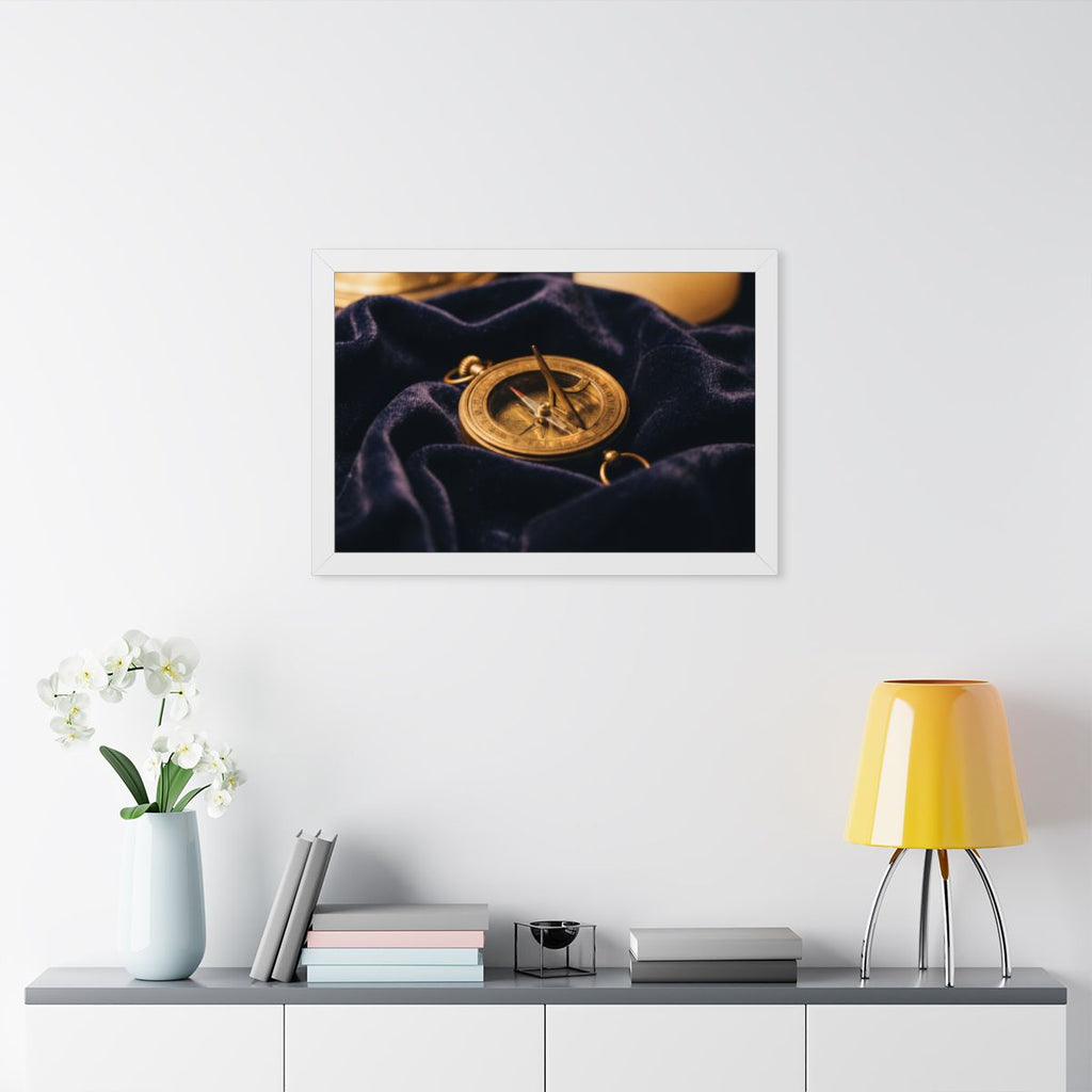 Framed Brass Sundial Horizontal Poster White Frame