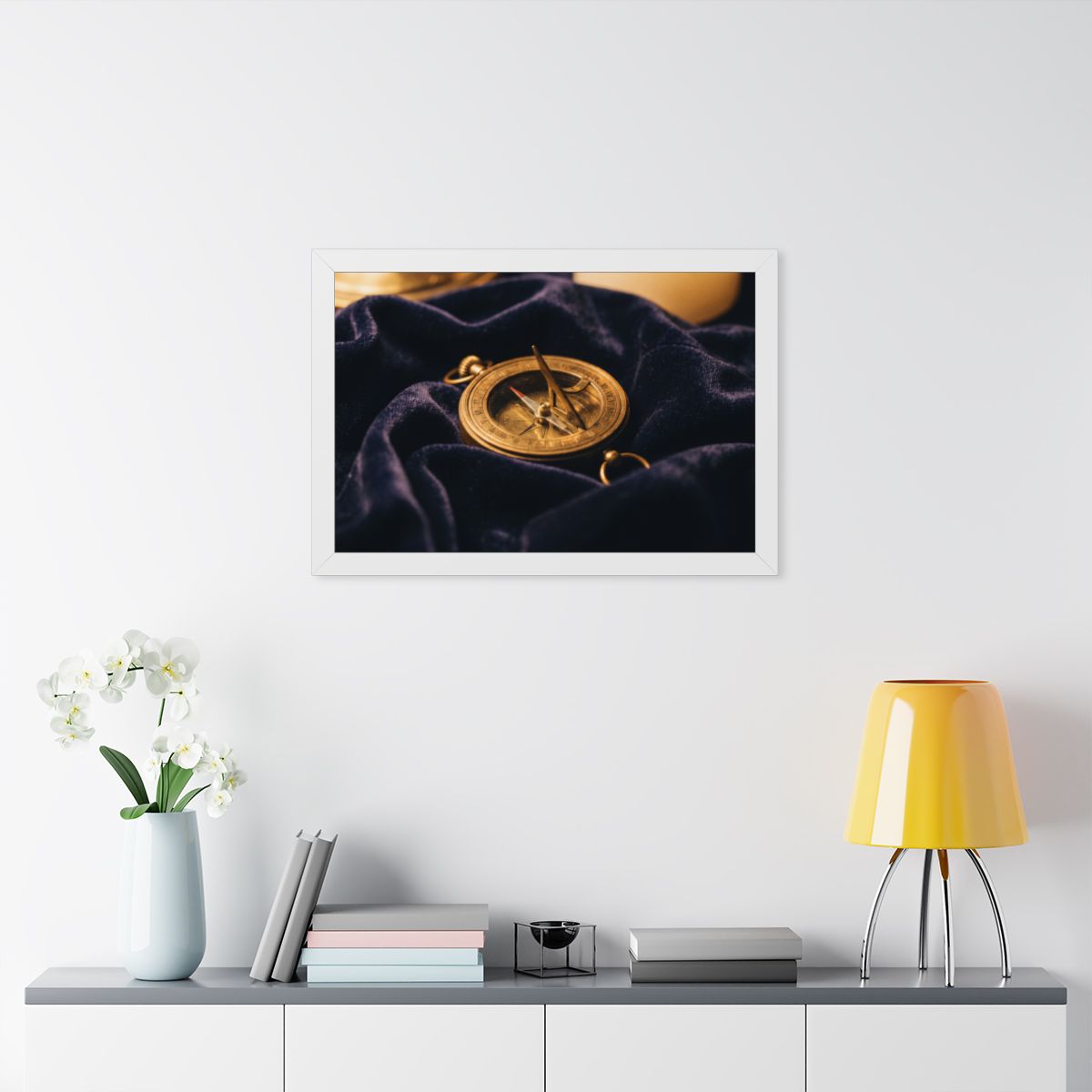 Framed Brass Sundial Horizontal Poster White Frame
