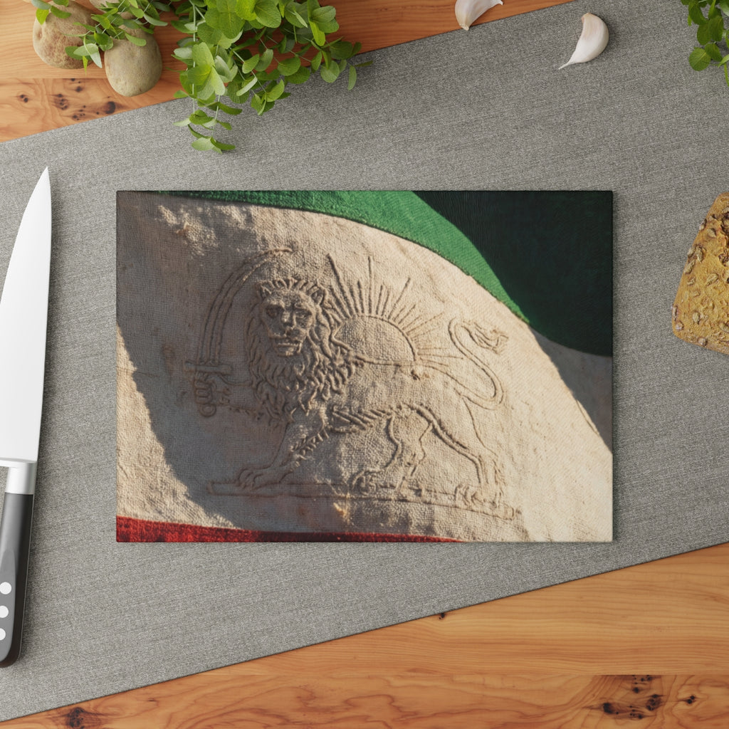 Glass Cutting Board - Vintage Persian Lion and Sun Flag Art...
