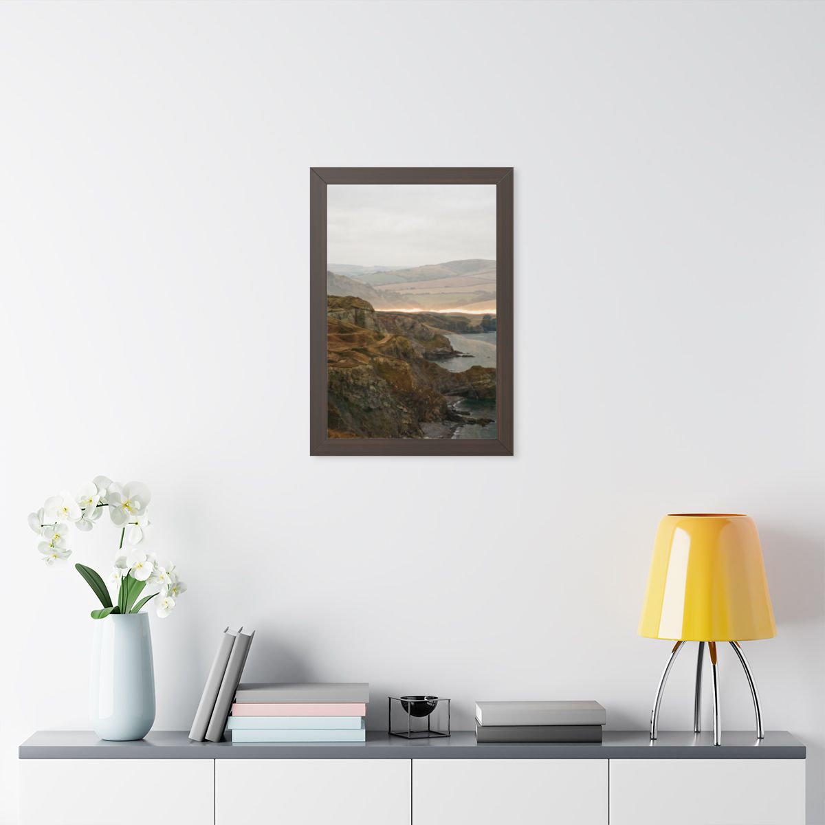 Framed Vertical Poster - Moody Coastal Cliffs Horizon Art —...