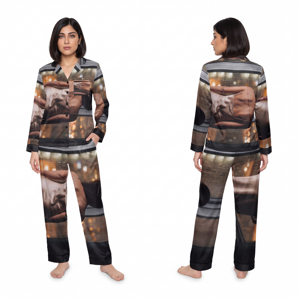 Women's Satin Pajamas - Rainy City Grid | Echovira Gallery
