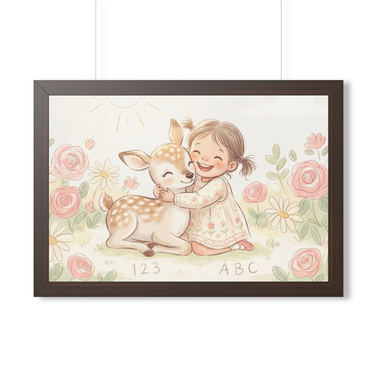 Framed Horizontal Poster - Gentle Hug Meadow Deer Art —... |...