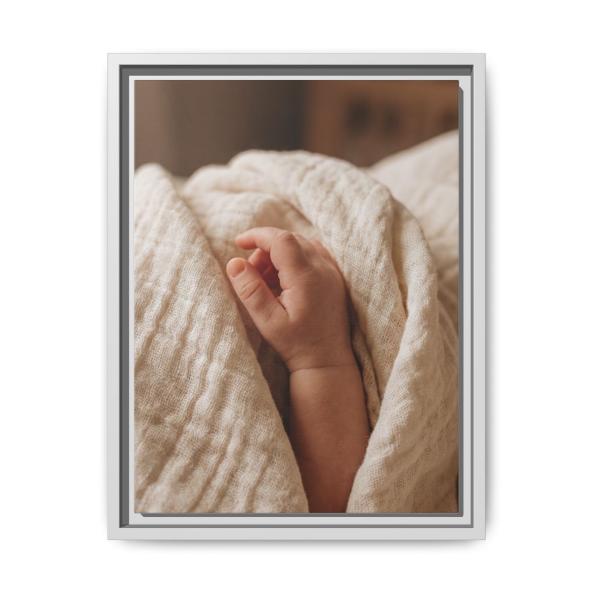 Framed Matte Canvas - Tender Newborn Hand (8×10, 9×12, 11×14, 12×16, 10×20, 12×18, 16×20, 16×24, 18×24, 12×36, 20×24, 16×32, 20×30, 24×30, 24×32, 16×48, 24×36, 24×48, 30×40, 20×60, 32×48, 30×60 & 40×60)
