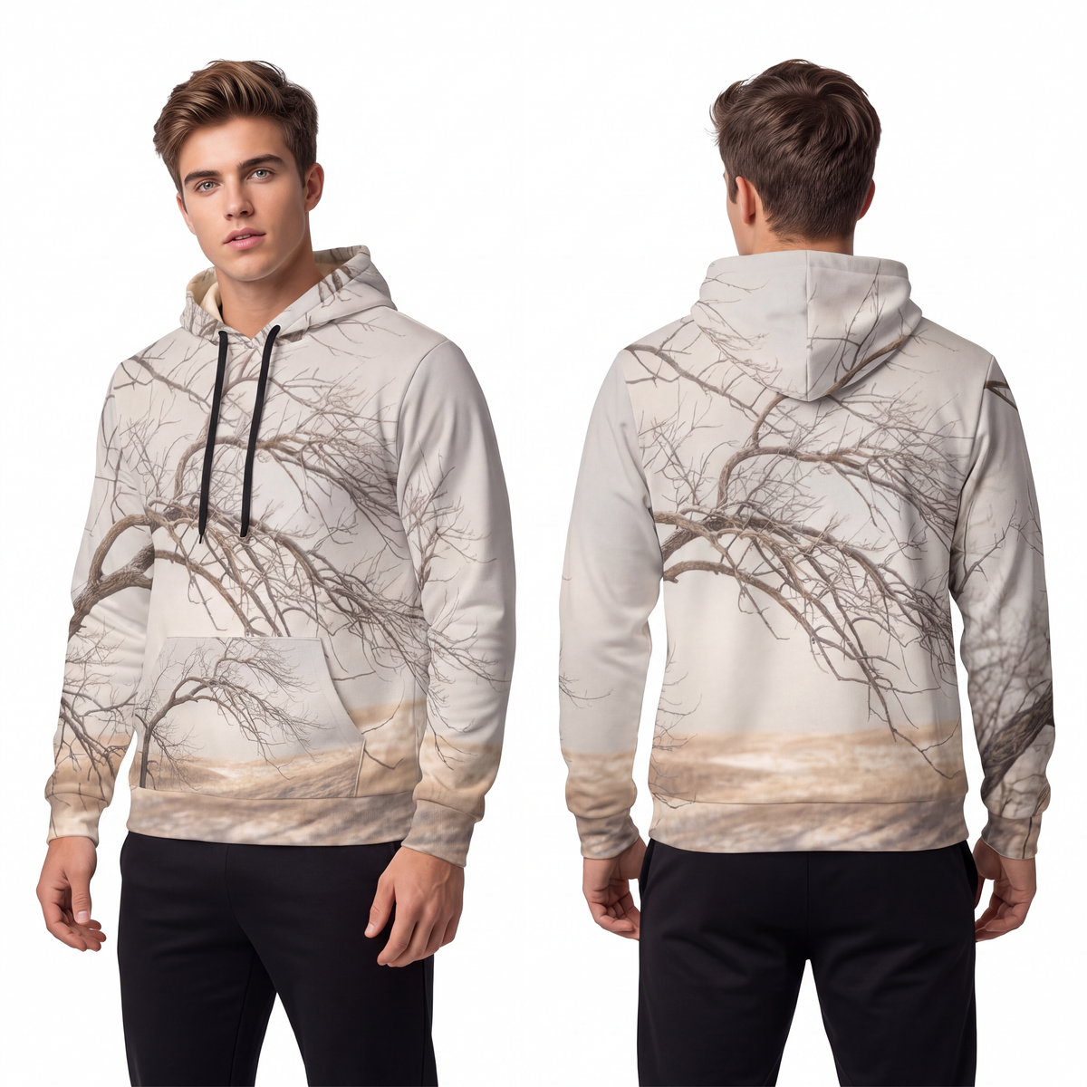 Men's Athletic Hoodie - Silent Branches Winter Landscape Art...