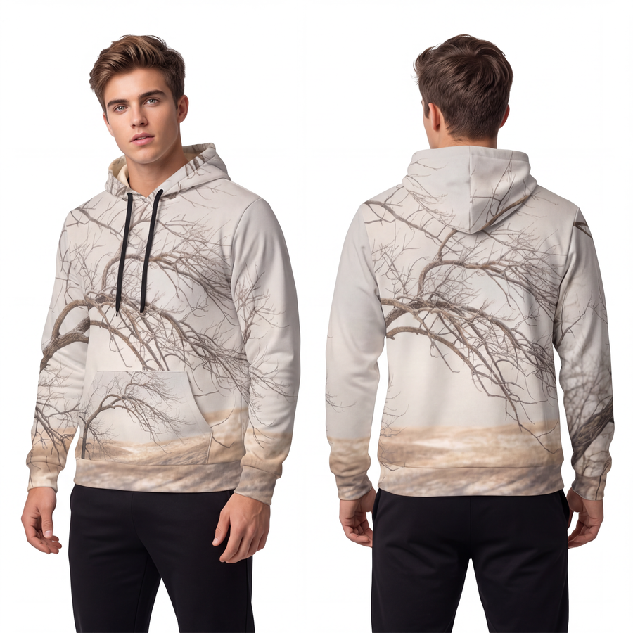 Men's Athletic Hoodie - Silent Branches Winter Landscape Art