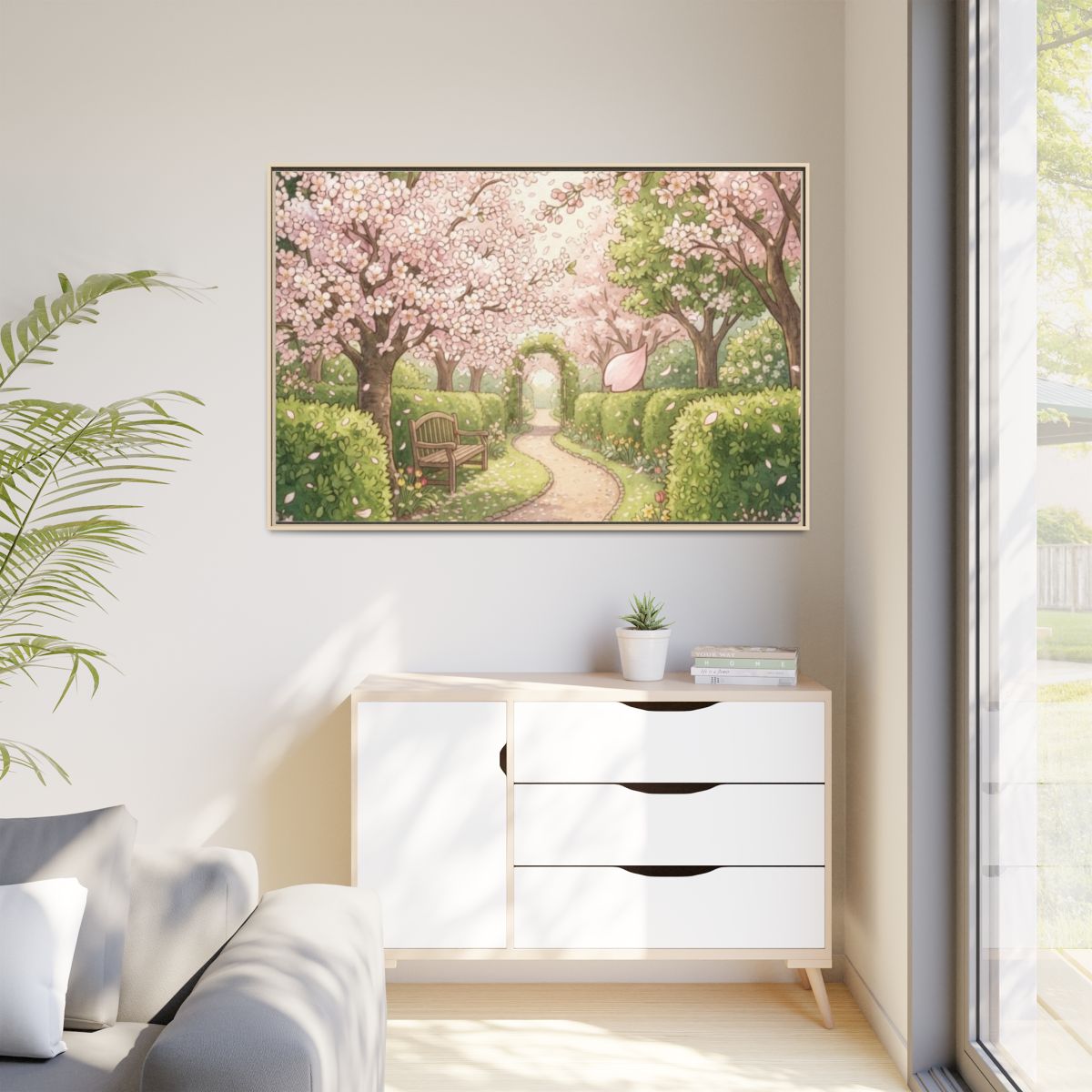 Matte Canvas Framed - Spring Blossom Pathway — Natural /......