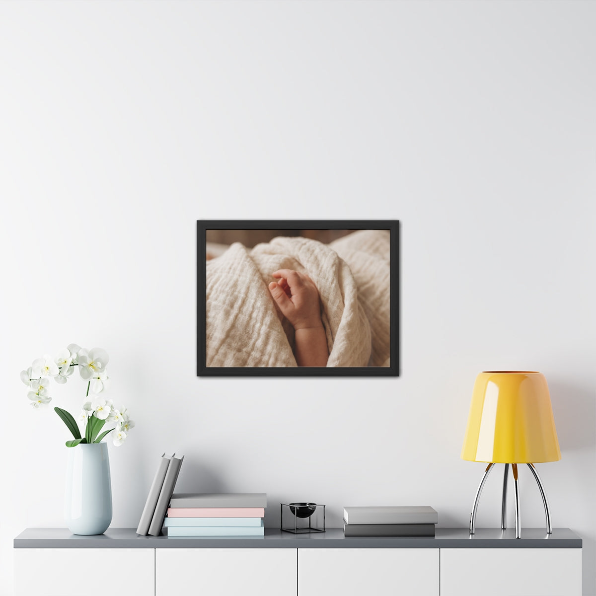 Framed Posters - Tender Newborn Hand in Soft Muslin Blanket...