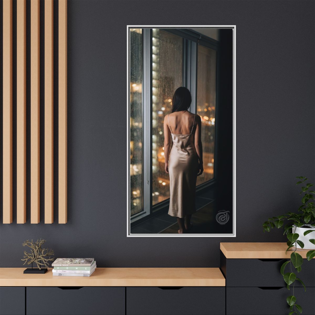 Matte Canvas, Framed - Rainy City lights Glow — White /... |...
