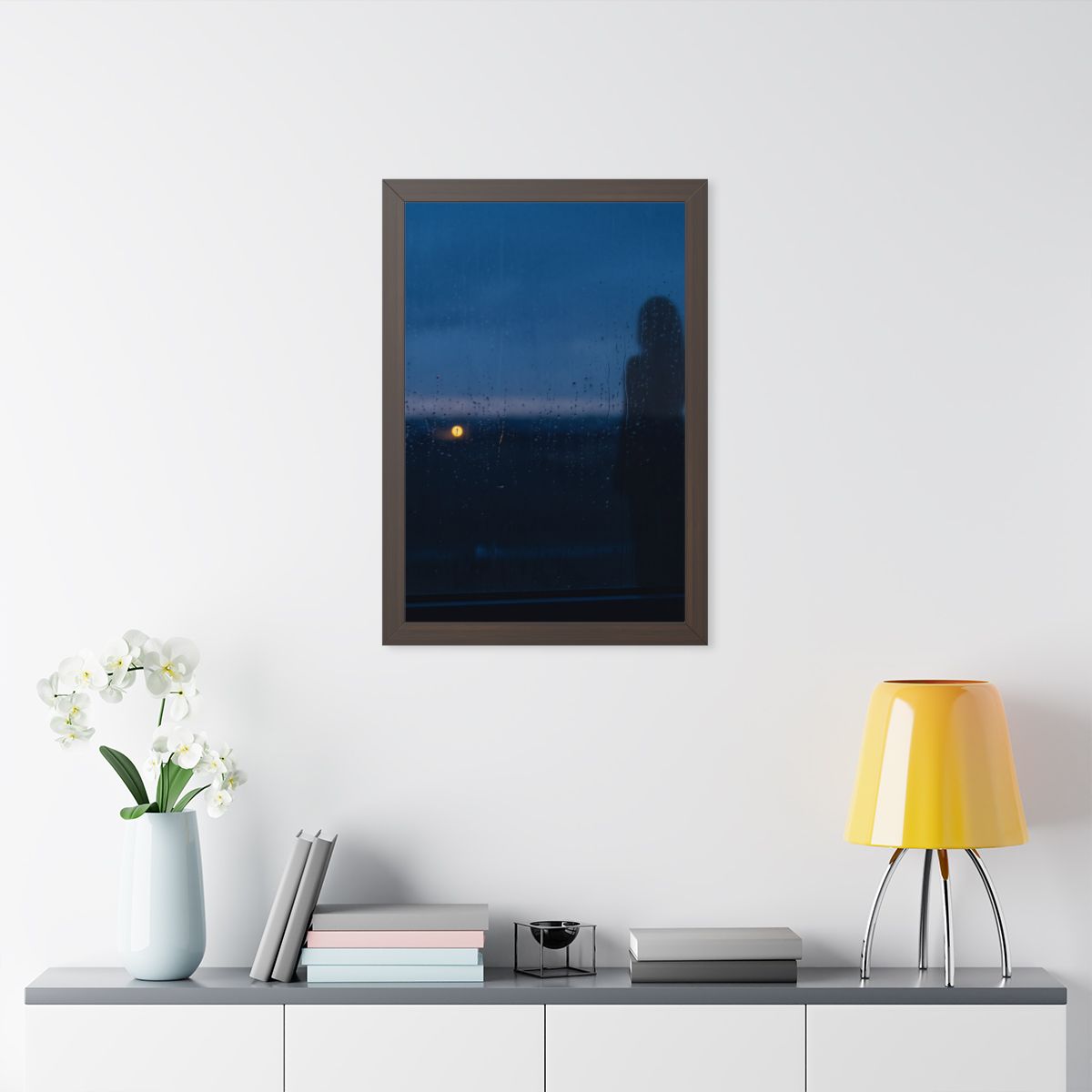 Framed Vertical Poster - Rainy Dusk Silhouette — Walnut... |...
