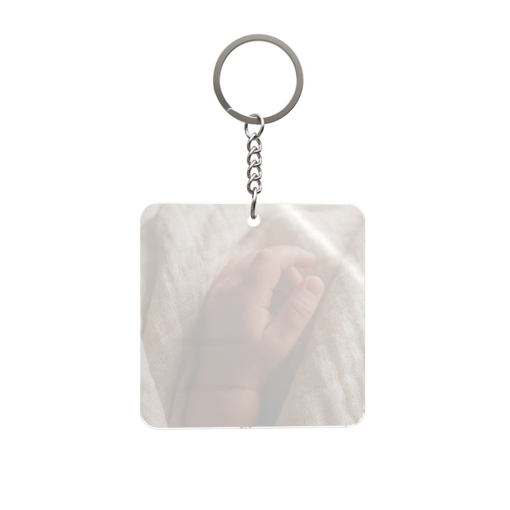Square Keychain - Tender Newborn Hand in Soft Muslin Blanket...