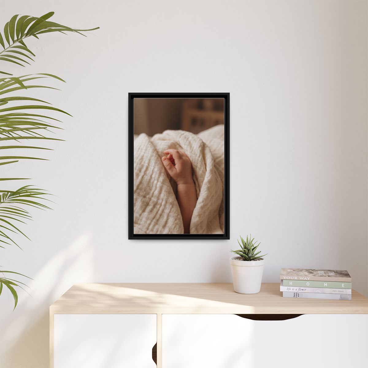 Matte Canvas, Framed - Tender Newborn Hand in Soft Muslin......