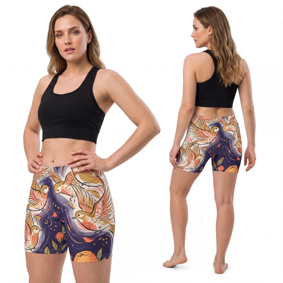 Women's Shorts with Golden Birds and Citrus