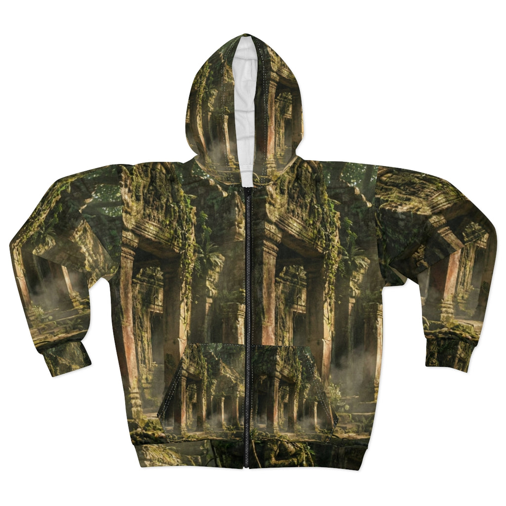 Unisex Zip Hoodie - Jungle Temple Portal | Echovira Gallery
