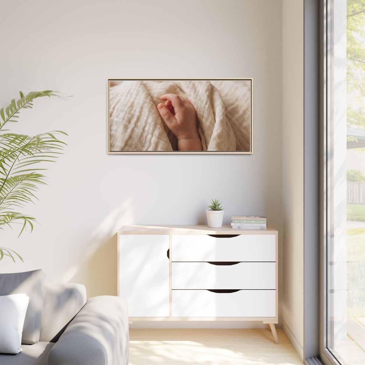 Matte Canvas, Framed - Tender Newborn Hand in Soft Muslin......
