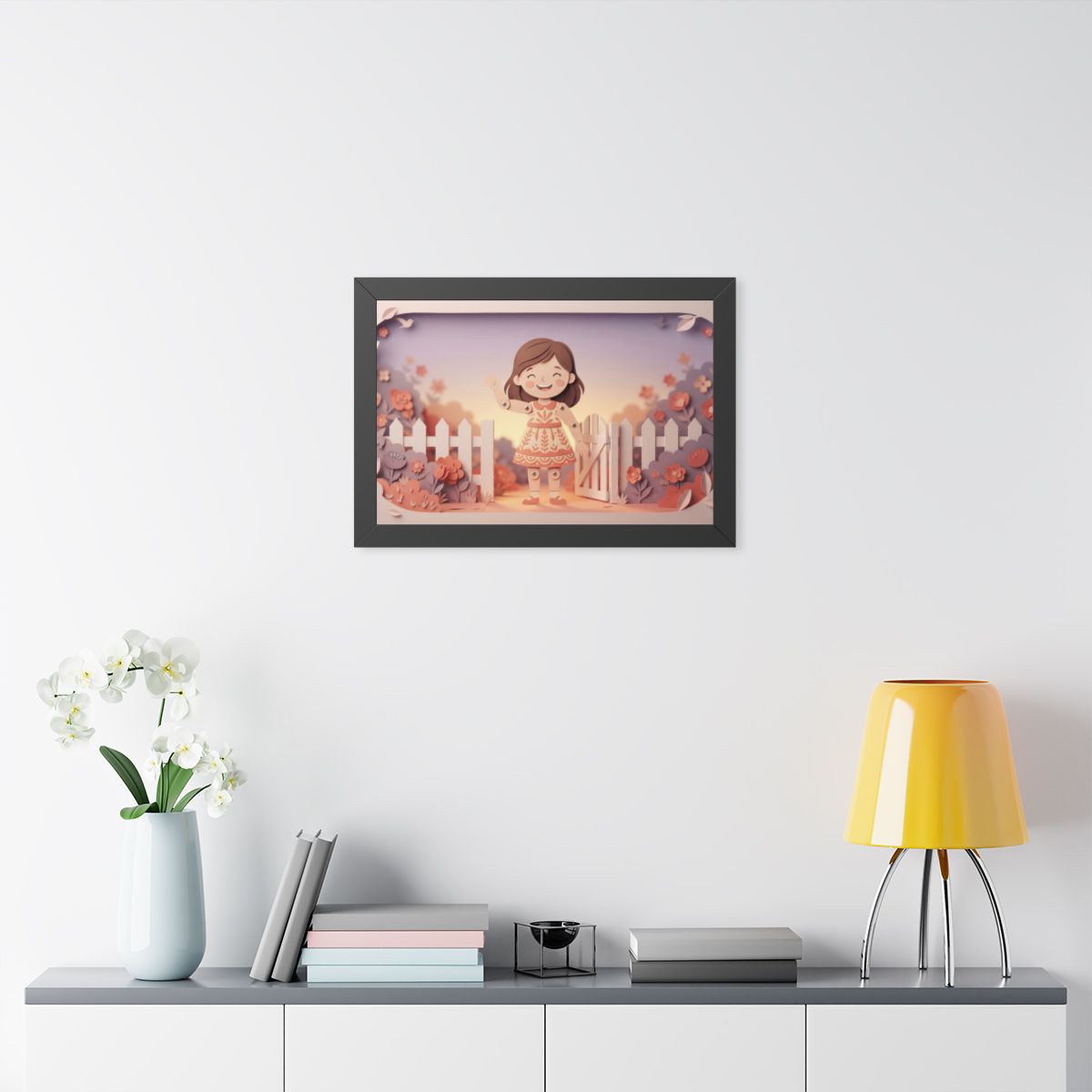 Framed Horizontal Poster - Garden Girl Gate — Black (14×11...