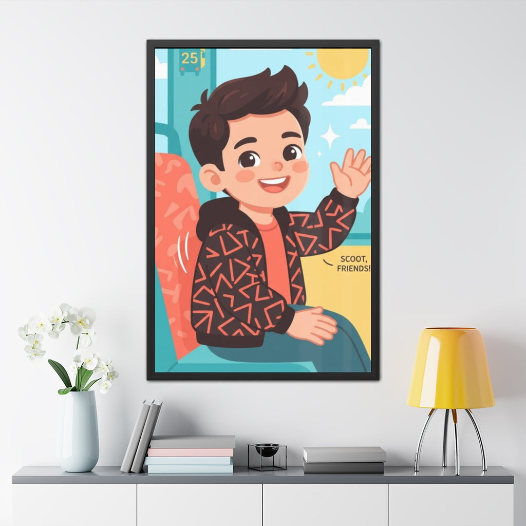 Framed Posters - Sunny Bus Ride Cheerful Boy Illustration —...
