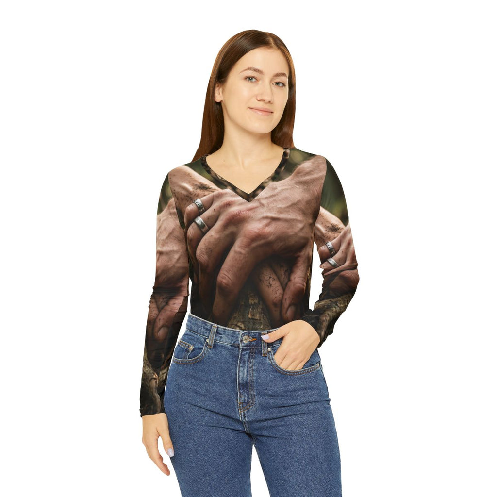 Women's Long Sleeve V-Neck Shirt Tree Roots Art