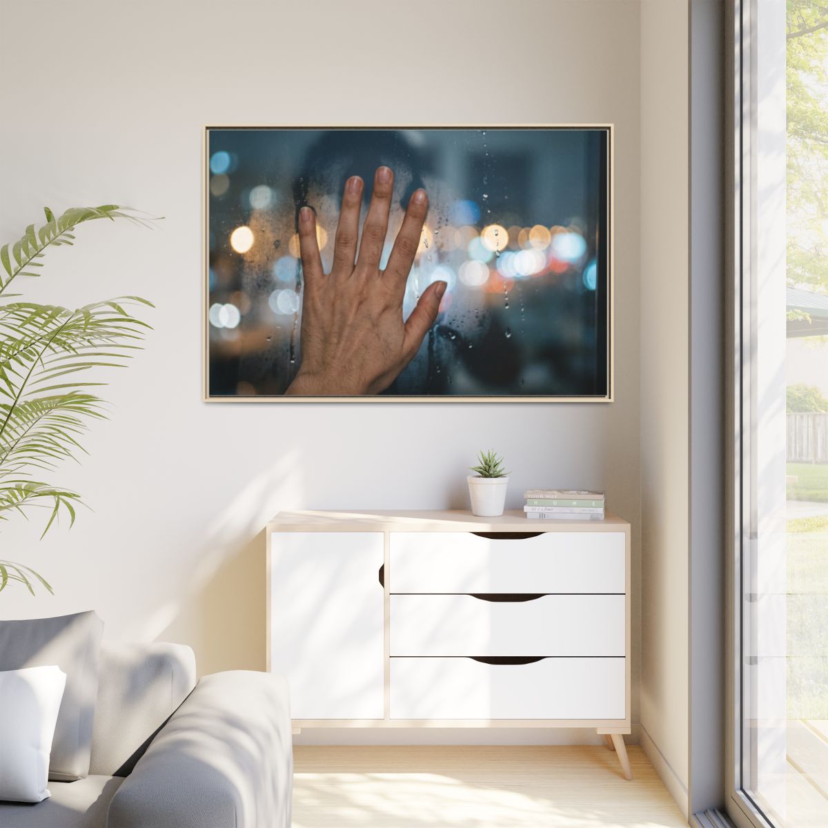 Rainy City Bokeh Framed Landscape Canvas