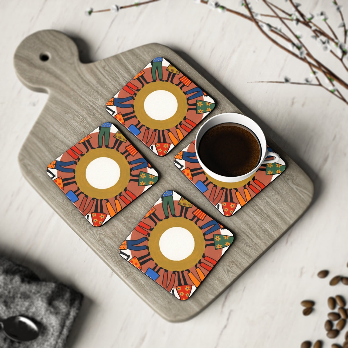 Coasters Set - Unity Mandala Folk Art (1 & 4 pcs) | Echovira...