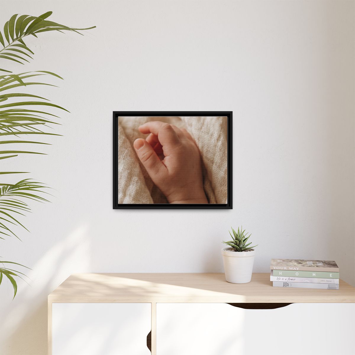 Matte Canvas, Framed - Tender Newborn Hand in Soft Muslin......