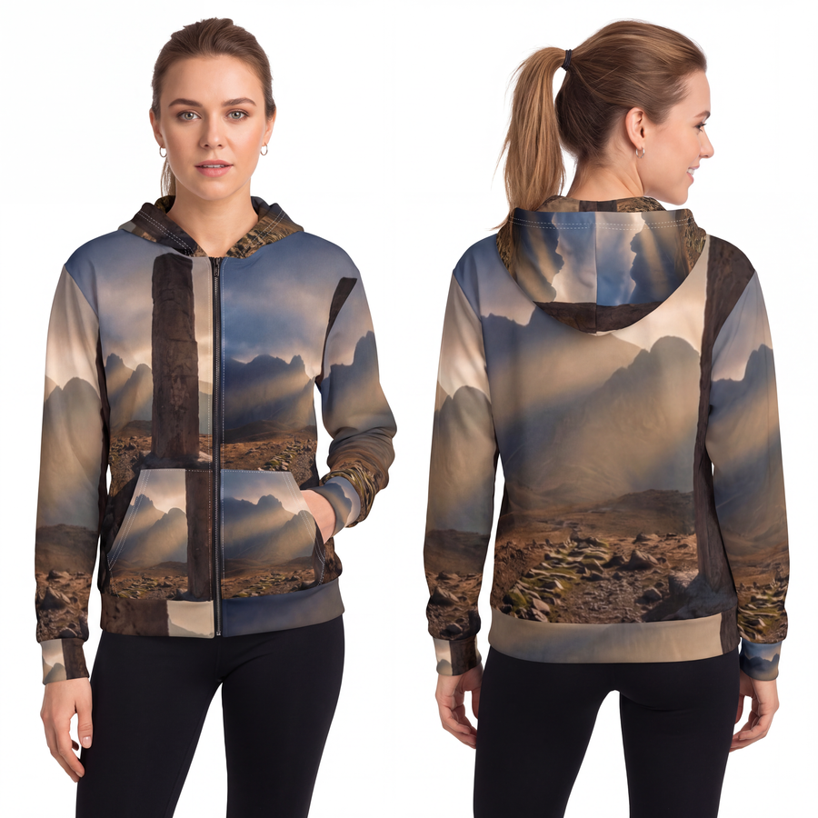 Unisex Zip Hoodie - Mystic Monolith Ancient Persian Mountain Art