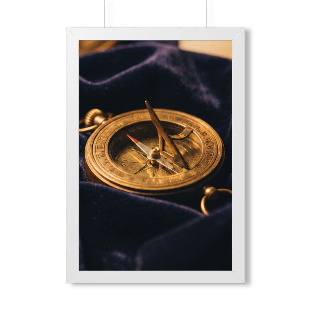 Framed White Poster Vintage Sundial Compass Art