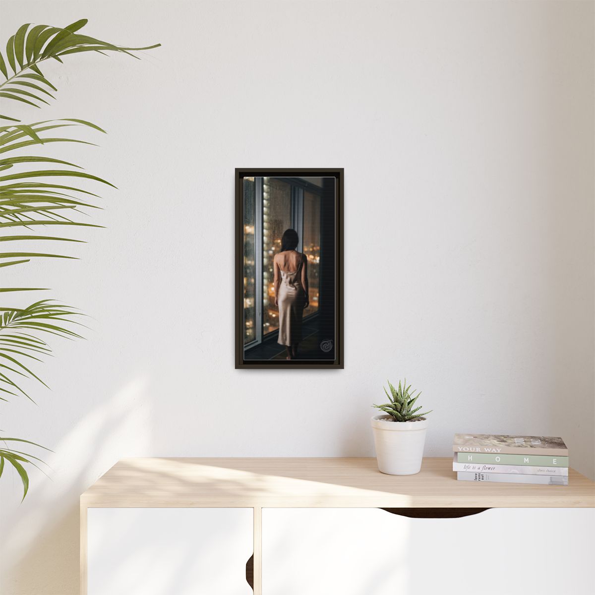 Matte Canvas, Framed - Rainy City lights Glow — Espresso /...
