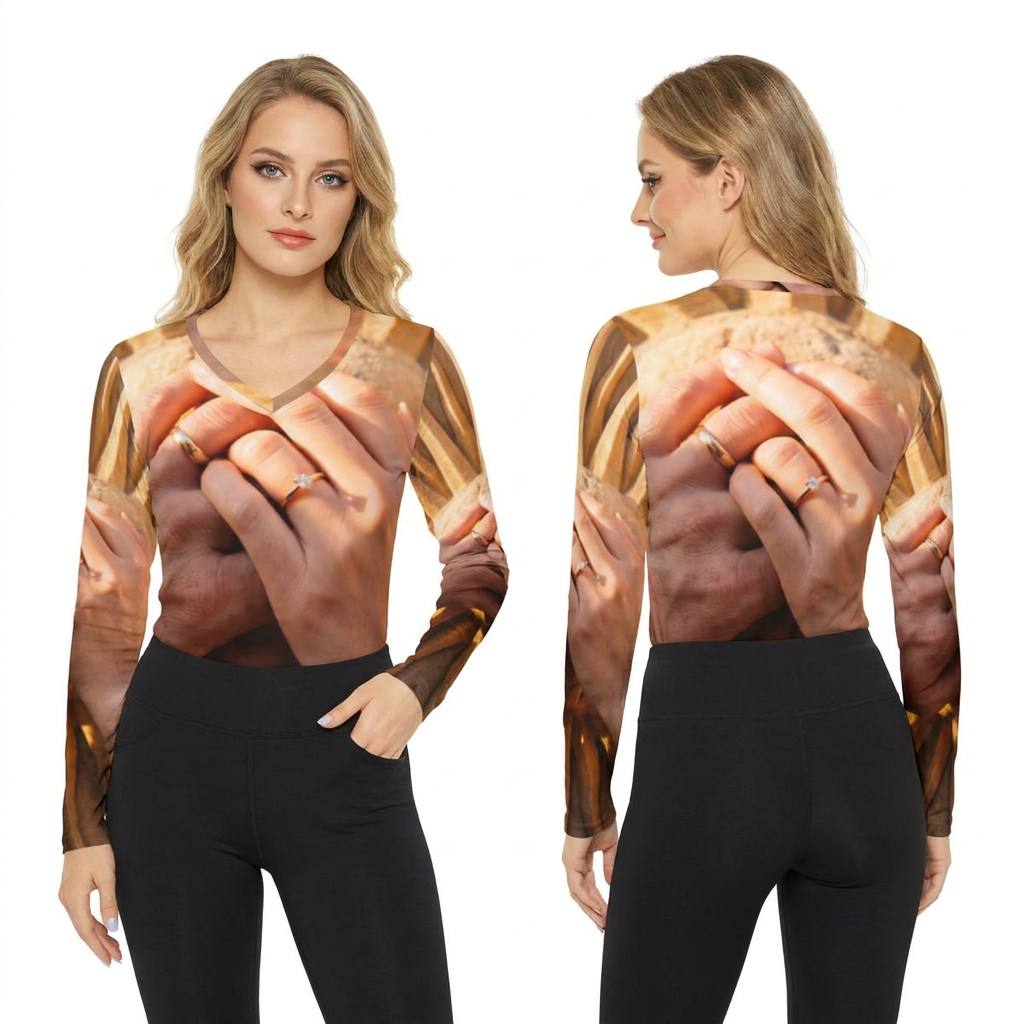 Women's V-neck Long Sleeve Clasped Hands Art Shirt