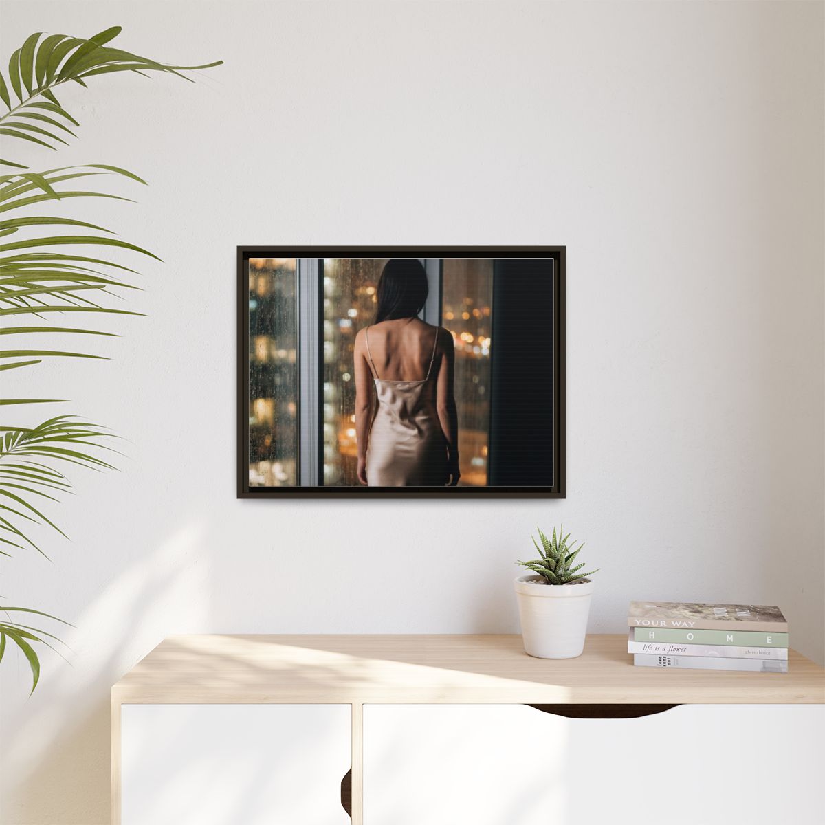 Matte Canvas, Framed - Rainy City lights Glow — Espresso /...