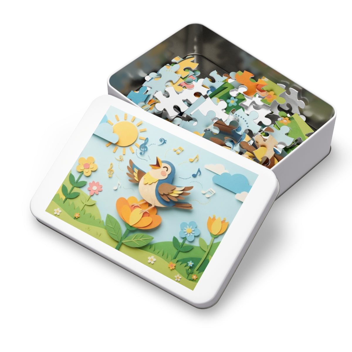 Jigsaw Puzzle with Tin - Papercut Songbird Meadow Canvas Art...