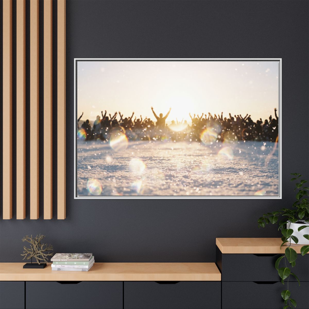 Framed Canvas Landscape Crowd Art in White Frame
