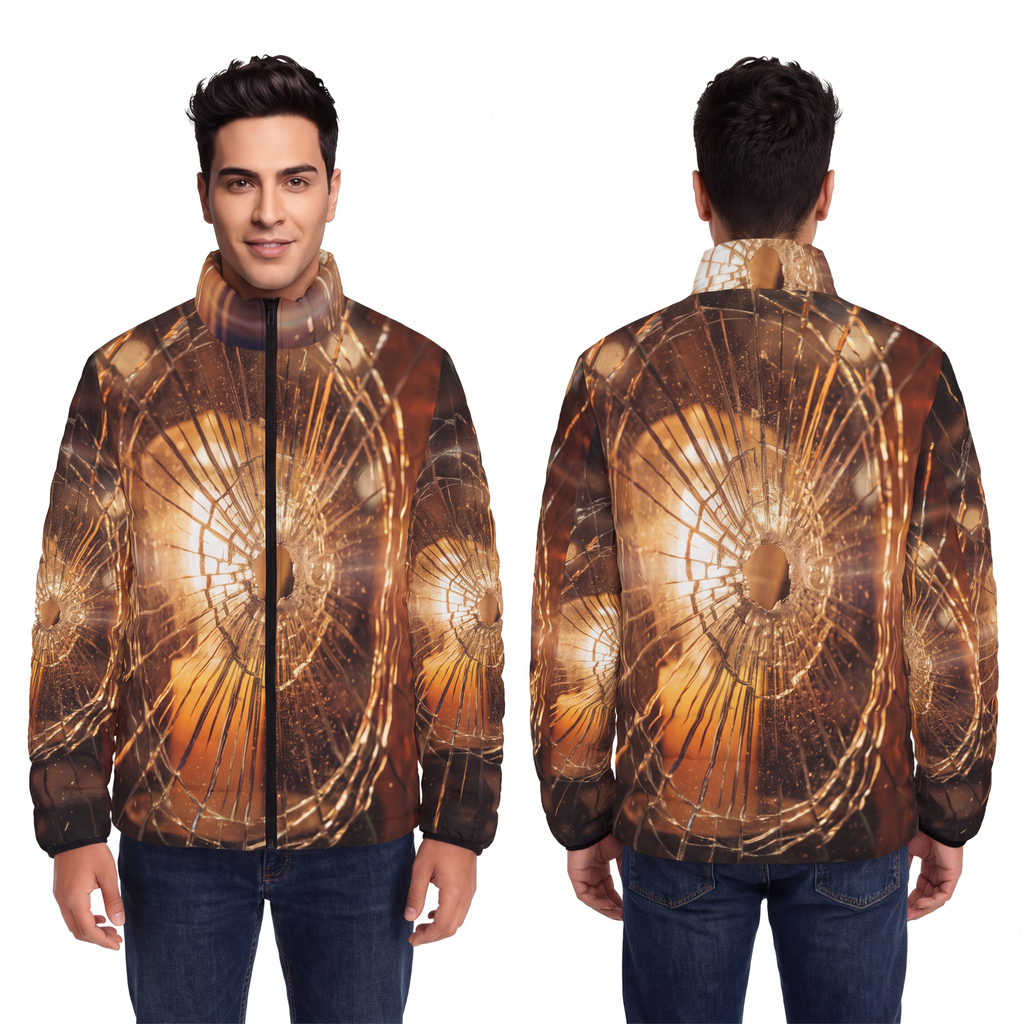 Men's Puffer Jacket - Shattered Amber Light Art | Echovira...