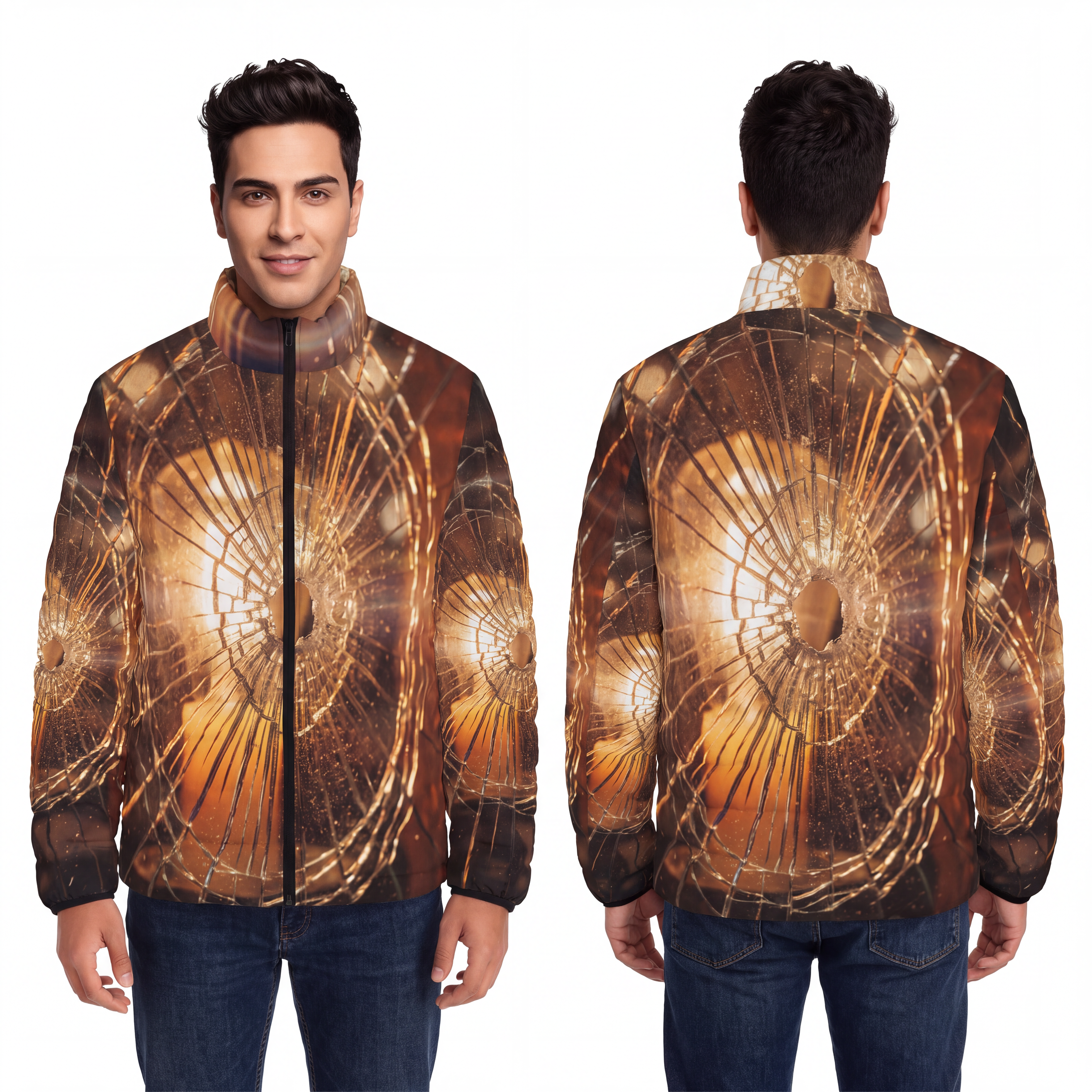 Men's Puffer Jacket - Shattered Amber Light Art | Echovira...